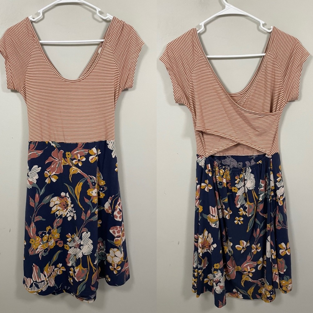 Pact Fit & Flare Crossback Mini Dress Shell Stripe/Floral Charm Helena Print